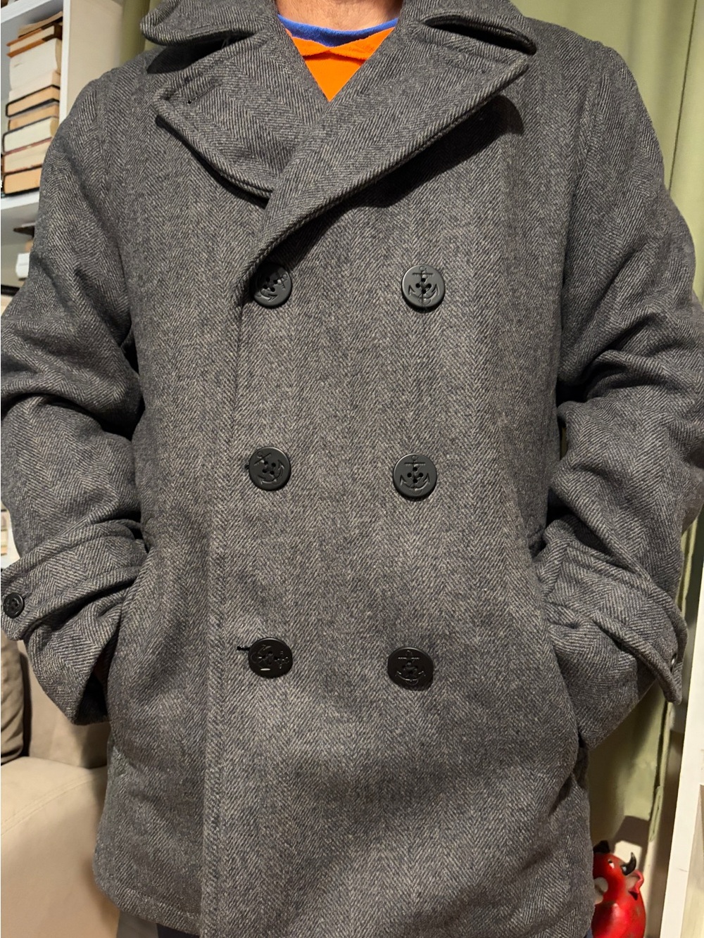Lands' End Men's Gray Herringbone Double-Breasted Insulated Peacoat